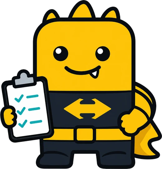 Cleaning Monstar character in a cape holding a cleaning checklist