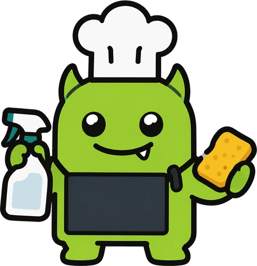 Cleaning Monstar character in a chef hat holding a spray bottle and sponge