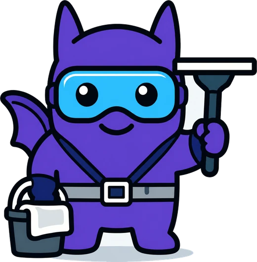 Cleaning Monstar character in goggles holding a squeegee and a bucket