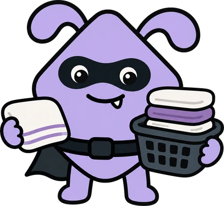Cleaning Monstar character in a cape holding folded towels and a laundry basket