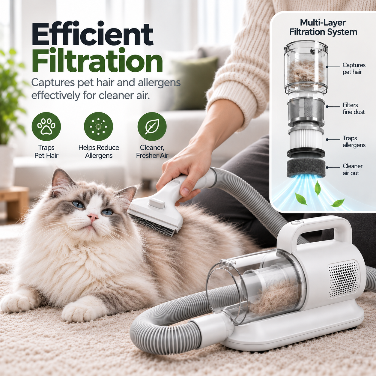Owner brushing a long-haired cat with the pet grooming vacuum