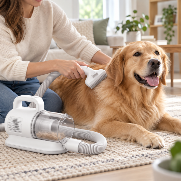 Owner grooming a golden retriever on a rug with the pet grooming vacuum