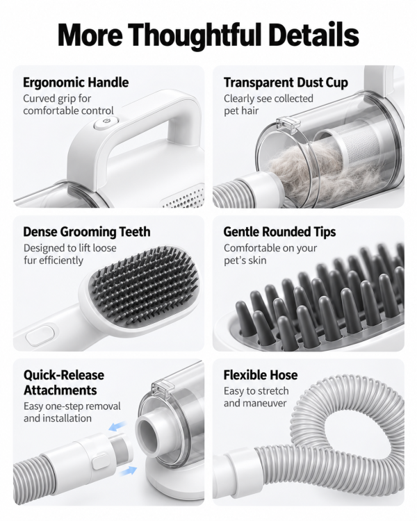 Close-ups of the handle, dust cup, grooming brush, quick-release attachment and flexible hose
