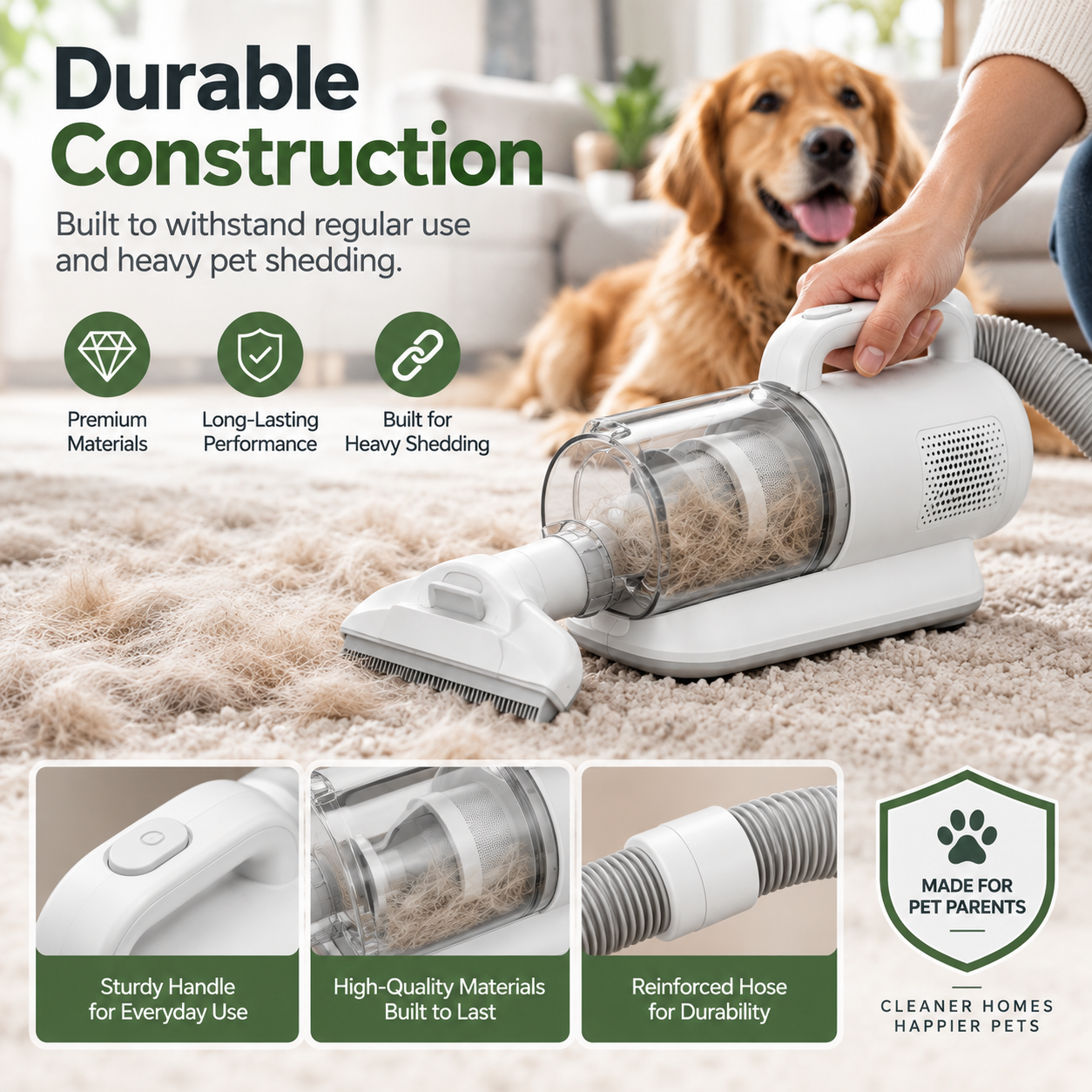 Pet grooming vacuum picking up fur from a rug, with a golden retriever beside it