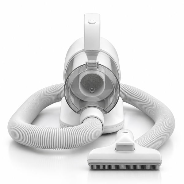 Pet grooming vacuum front view with the deshedding head attached