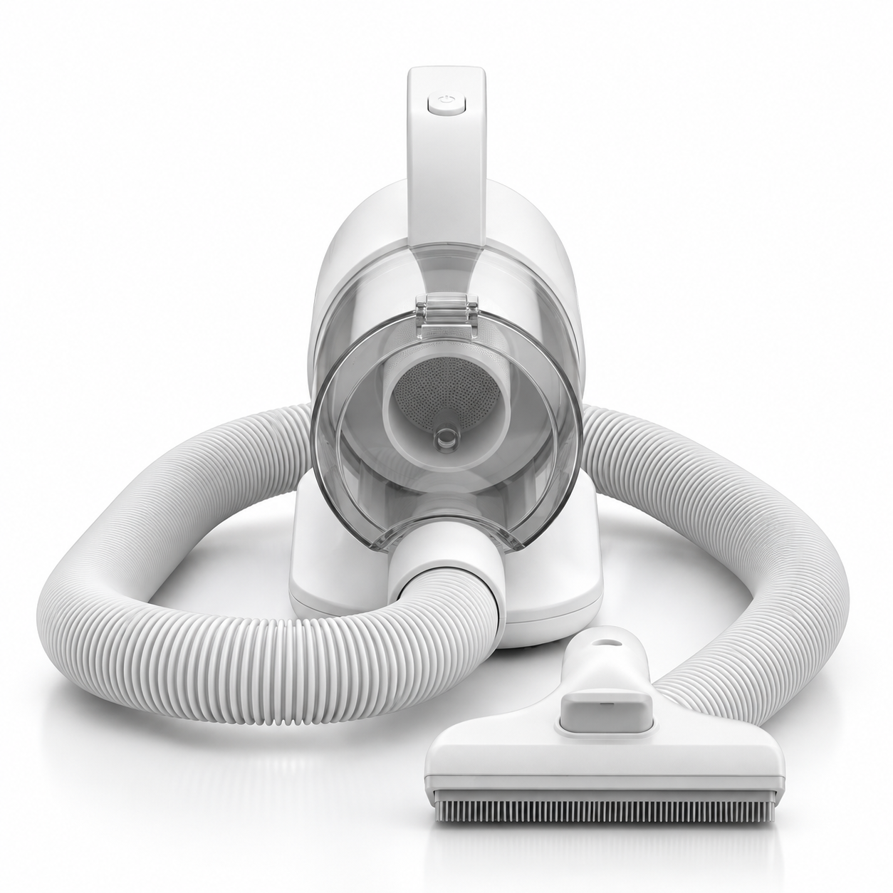 Pet grooming vacuum front view with the deshedding head attached