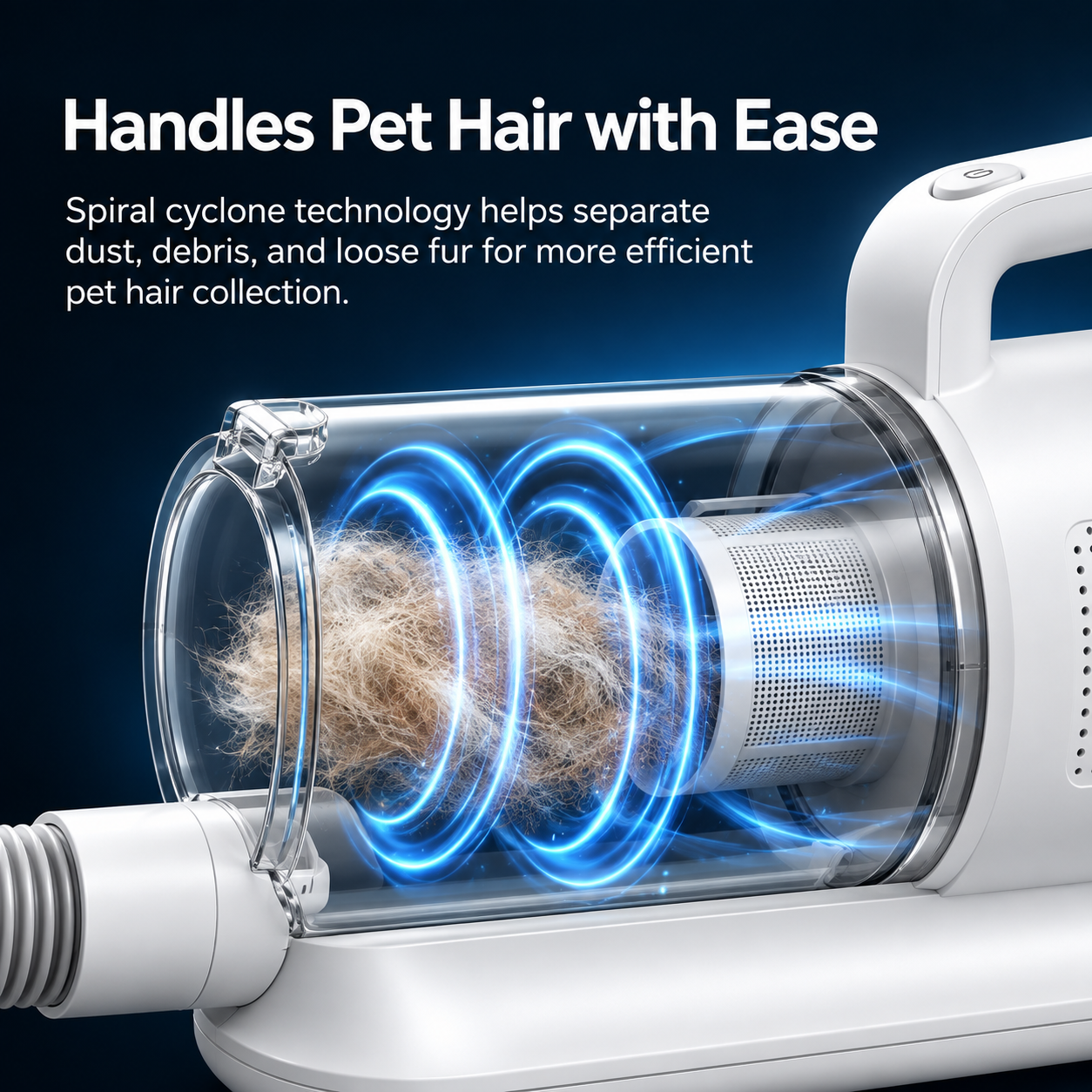 Clear dust cup of the pet grooming vacuum filled with collected pet hair