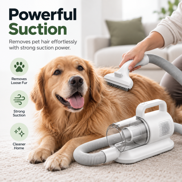 Grooming head vacuuming loose fur from a golden retriever's coat