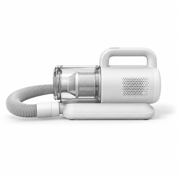 Pet grooming vacuum side view, showing the clear dust cup and hose