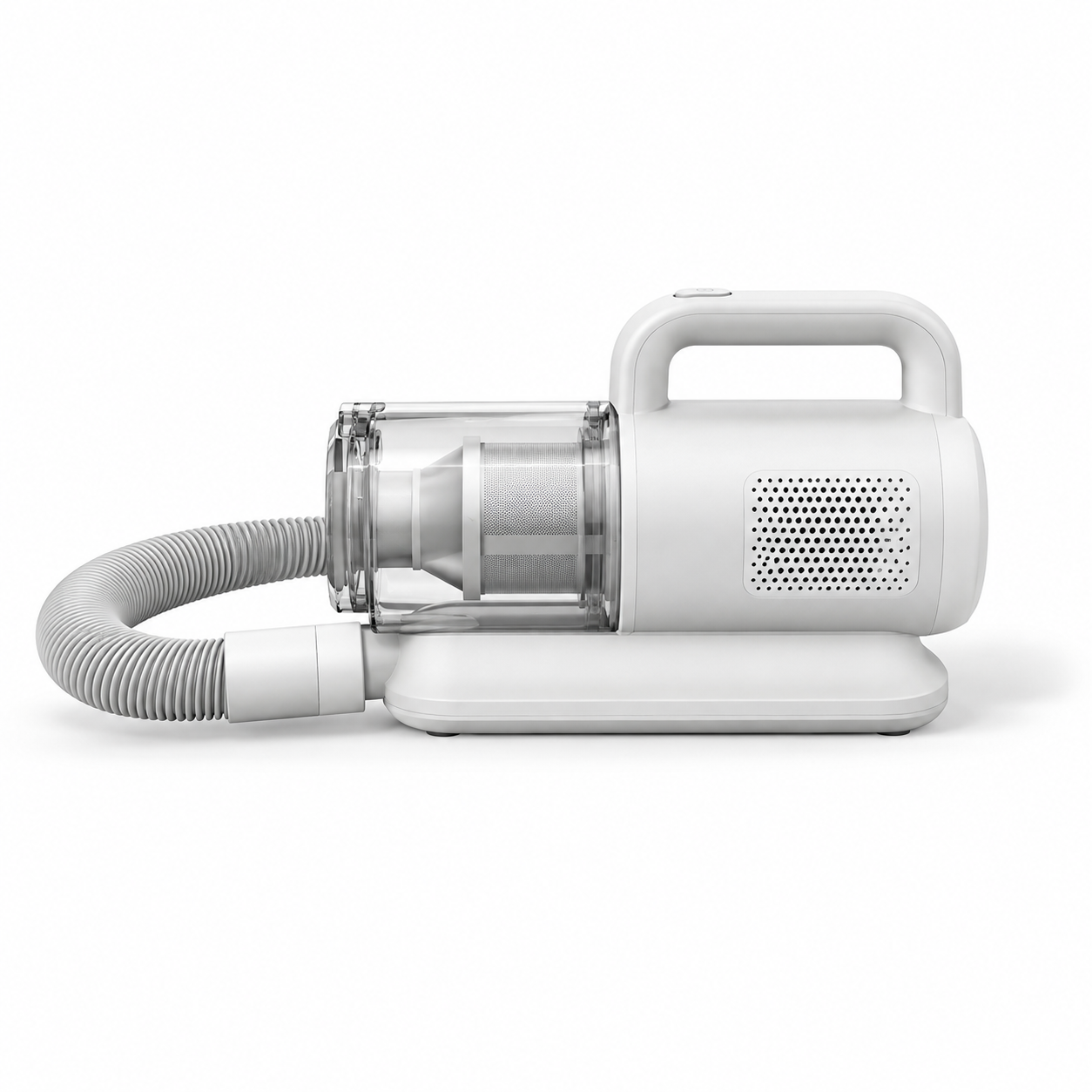 Pet grooming vacuum side view, showing the clear dust cup and hose