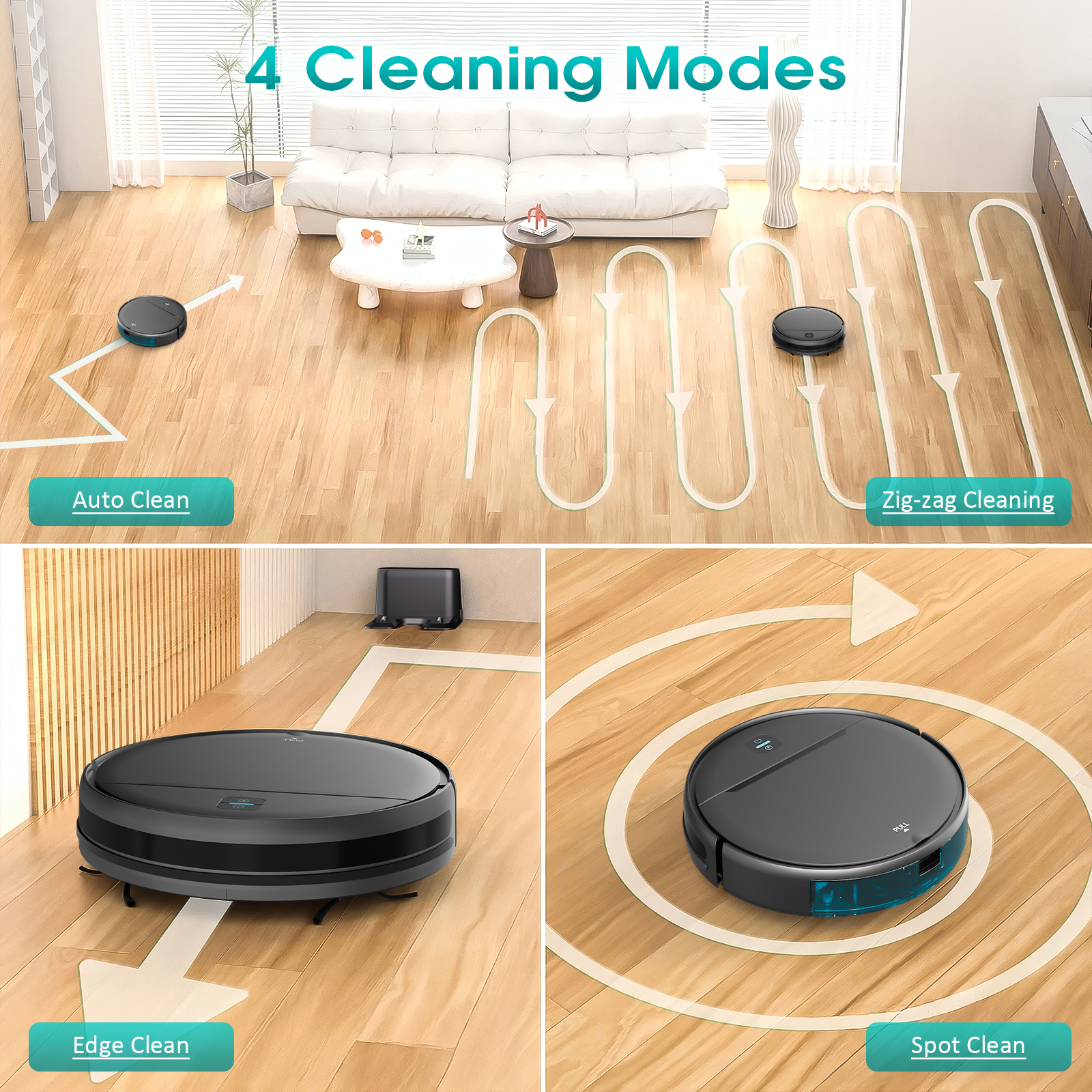 Robot vacuum Auto, Zigzag, Edge and Spot cleaning modes