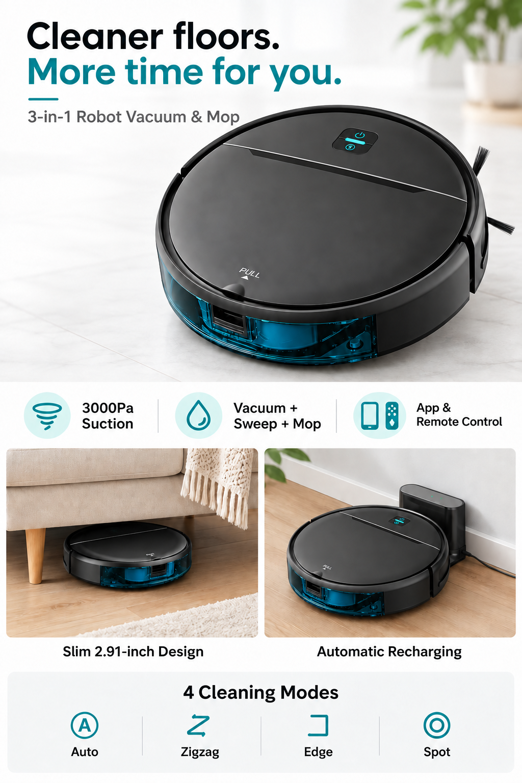 Robot vacuum features: 3000Pa suction, vacuum and mop, app and remote control, slim design, automatic recharging and four cleaning modes