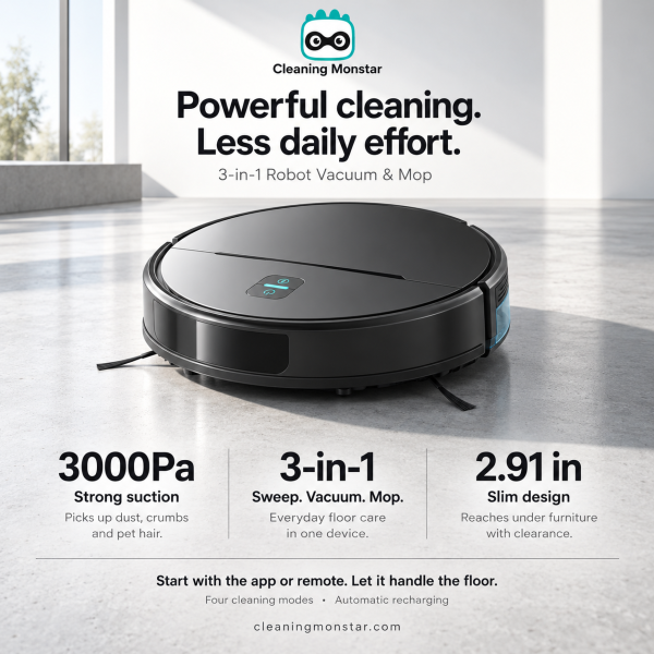3-in-1 robot vacuum with 3000Pa suction, sweep, vacuum and mop, and a 2.91-inch slim design