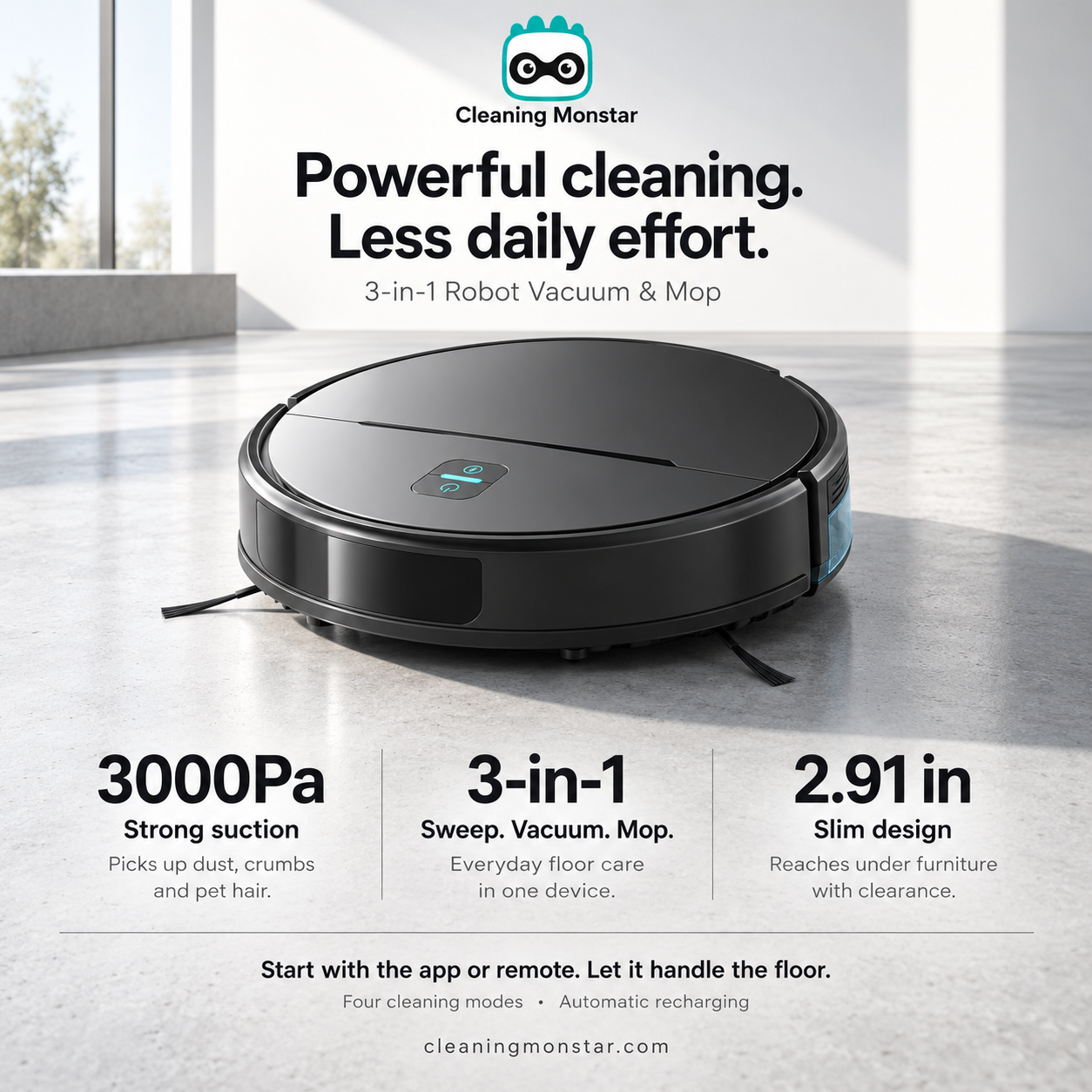 3-in-1 robot vacuum with 3000Pa suction, sweep, vacuum and mop, and a 2.91-inch slim design