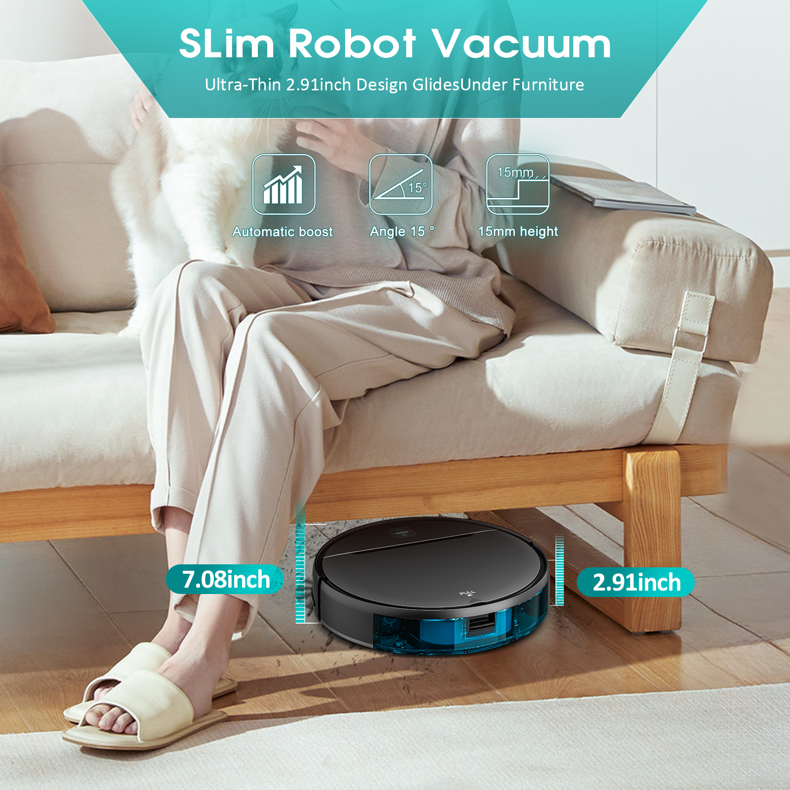 2.91-inch robot vacuum cleaning under a sofa