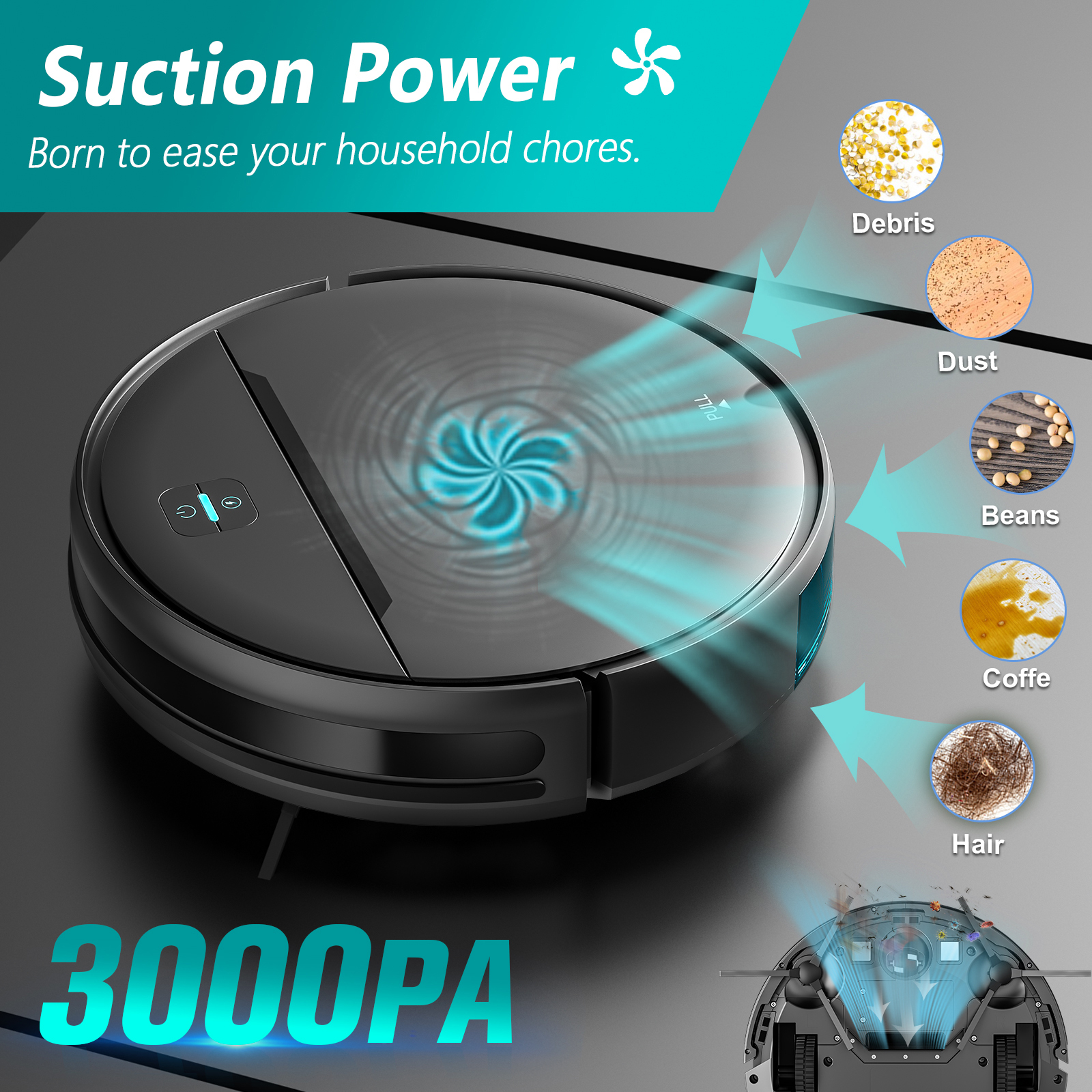 Robot vacuum suction pulling in dust, crumbs, debris and hair